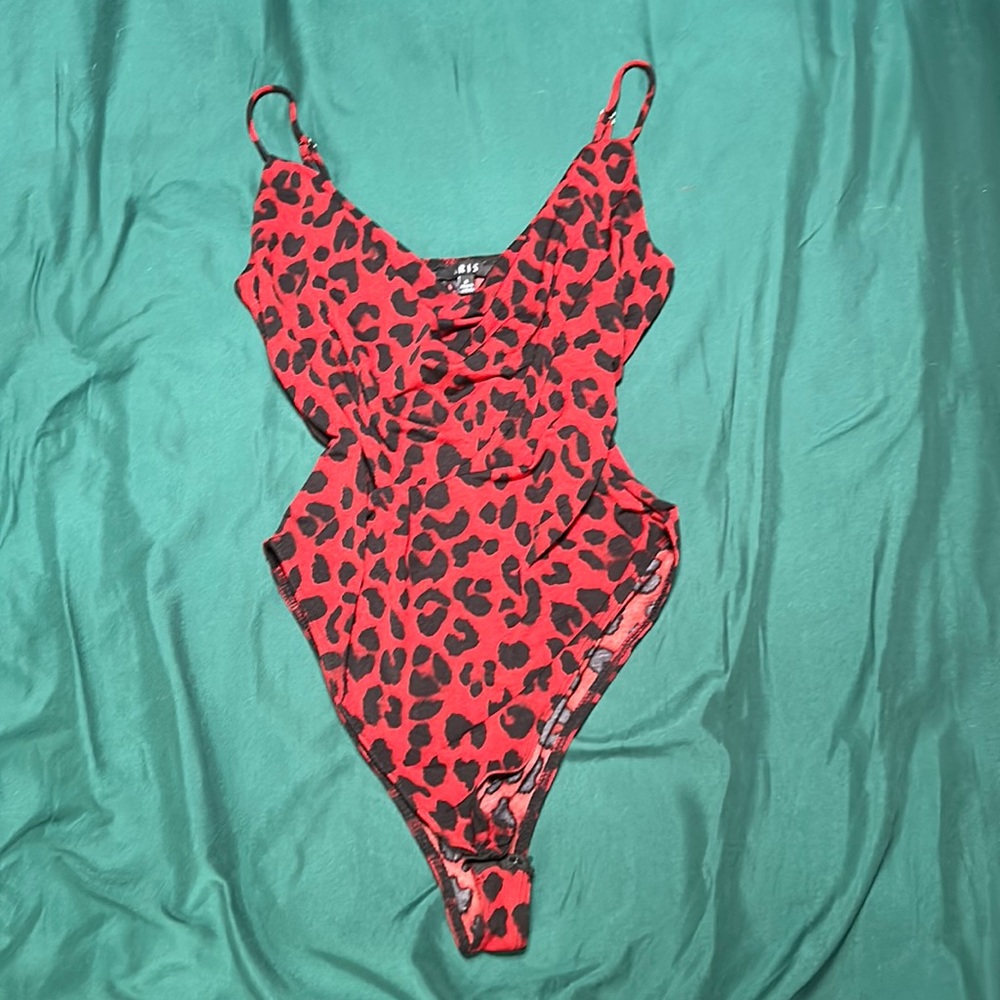 Sexy Red and Black Cheetah Cowl Neck Bodysuit